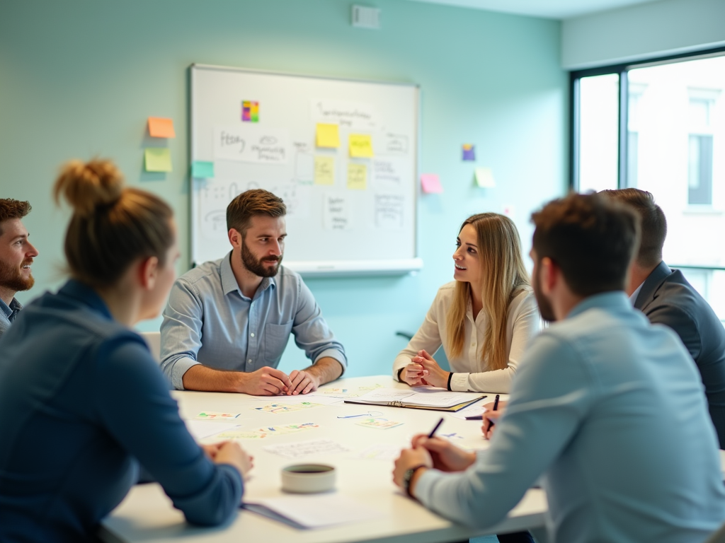 A group of six people in a meeting, discussing ideas with notes and a whiteboard in a bright conference room.