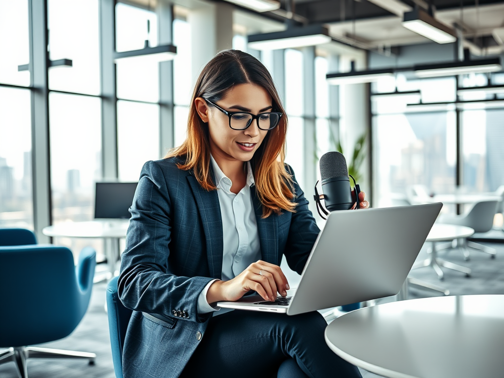 A professional woman sits at a desk, using a laptop and a microphone, in a modern office with large windows.