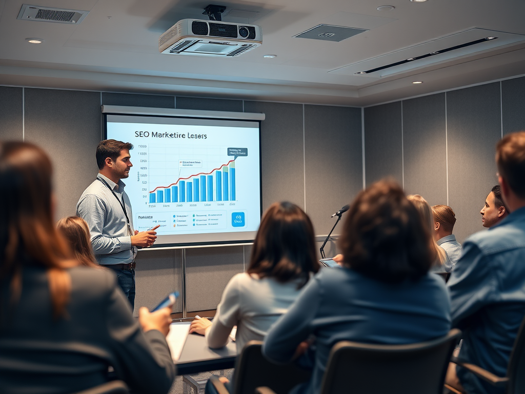 A presenter discusses SEO marketing trends in front of an audience, with a graph displayed on the screen.