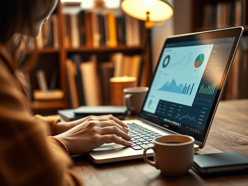 A person typing on a laptop with analytical charts displayed, surrounded by books and coffee cups.