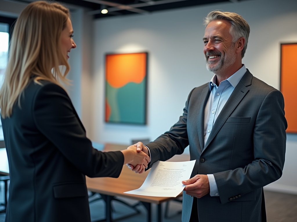 A man in a suit shakes hands with a woman in a blazer, holding a document in a modern office setting.