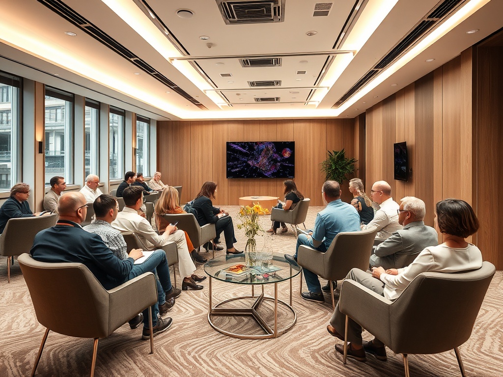 A group of people seated in a modern conference room, engaging in a presentation on a large screen.