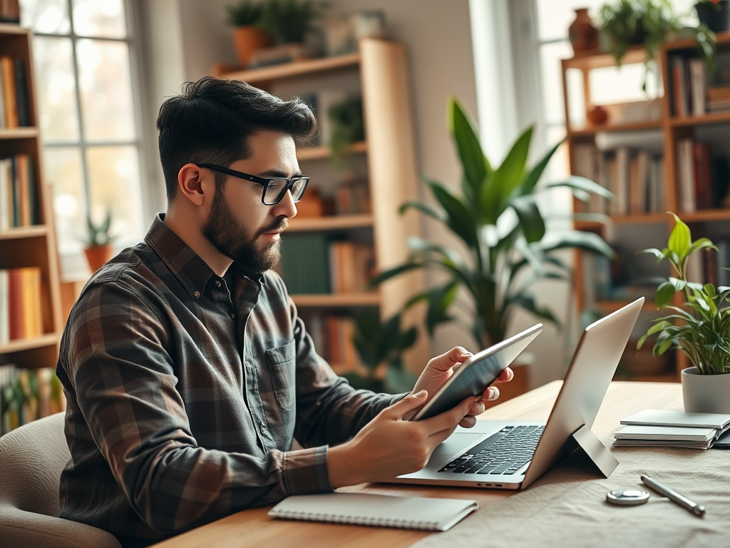 A man in glasses works on a laptop while holding a tablet in a cozy, plant-filled workspace.