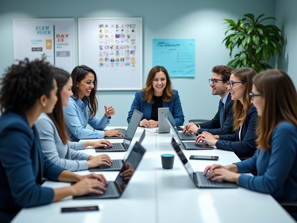 A group of diverse professionals collaborates around a table, smiling and working on laptops in a bright office.