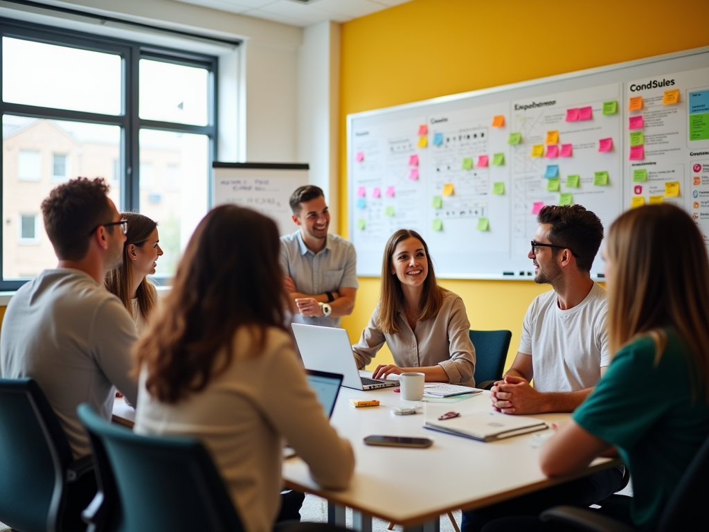 Group of diverse colleagues engaging in a friendly discussion around a table in a brightly lit office with sticky notes on whiteboard.