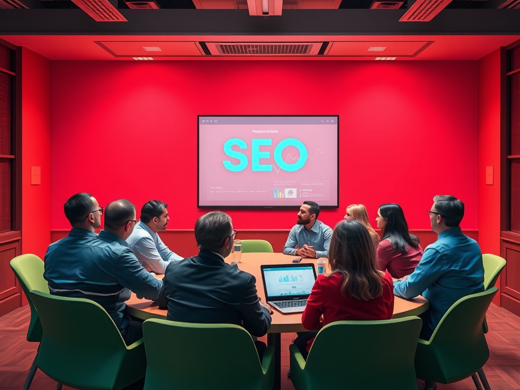 A group meeting in a red-lit room focused on SEO, with a presentation displayed on a screen.