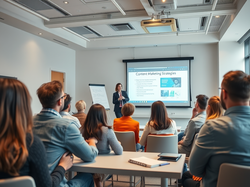 A speaker presents content marketing strategies to an attentive audience in a conference room.