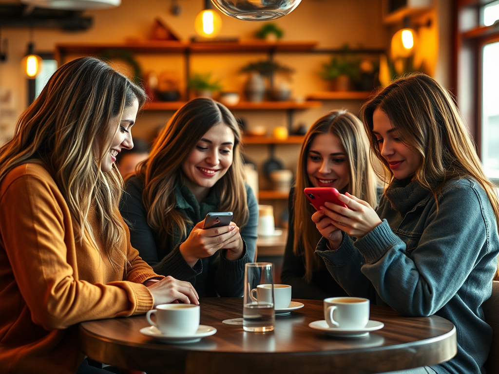 Four young women sitting at a coffee shop table, happily using their smartphones, with coffee cups in front of them.
