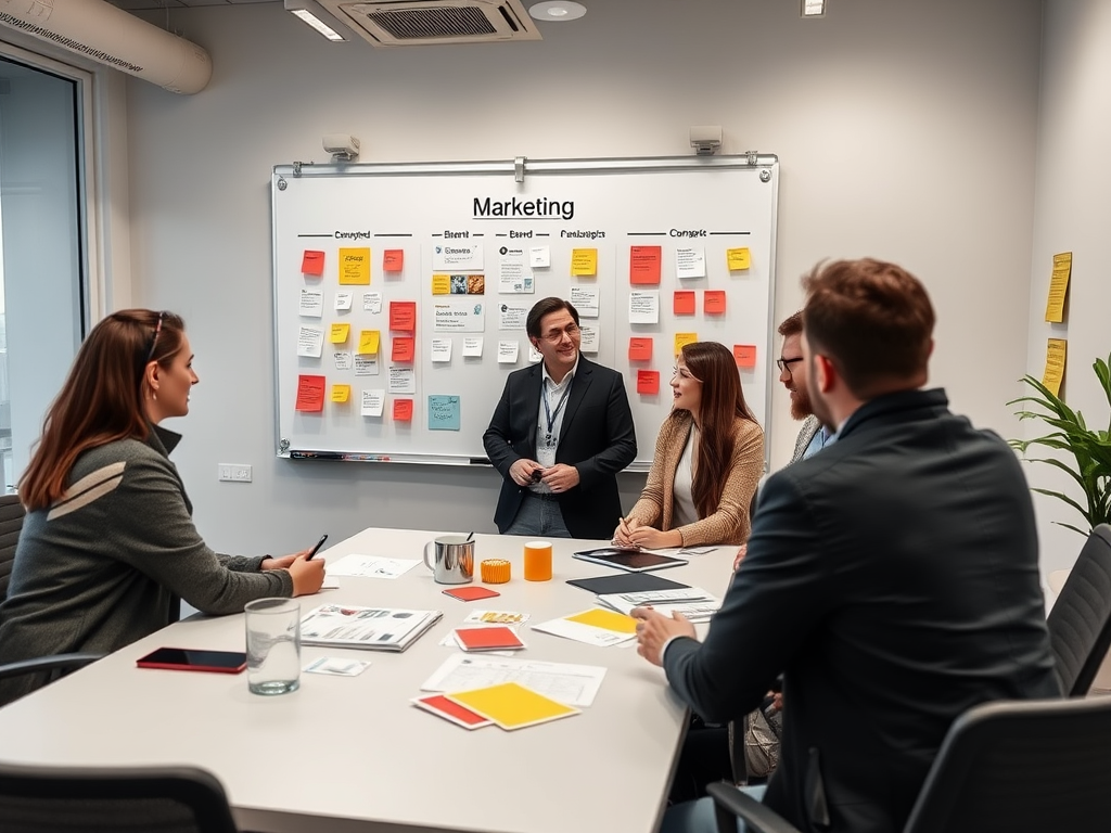 A group of professionals discusses marketing strategies around a table with sticky notes on a whiteboard.