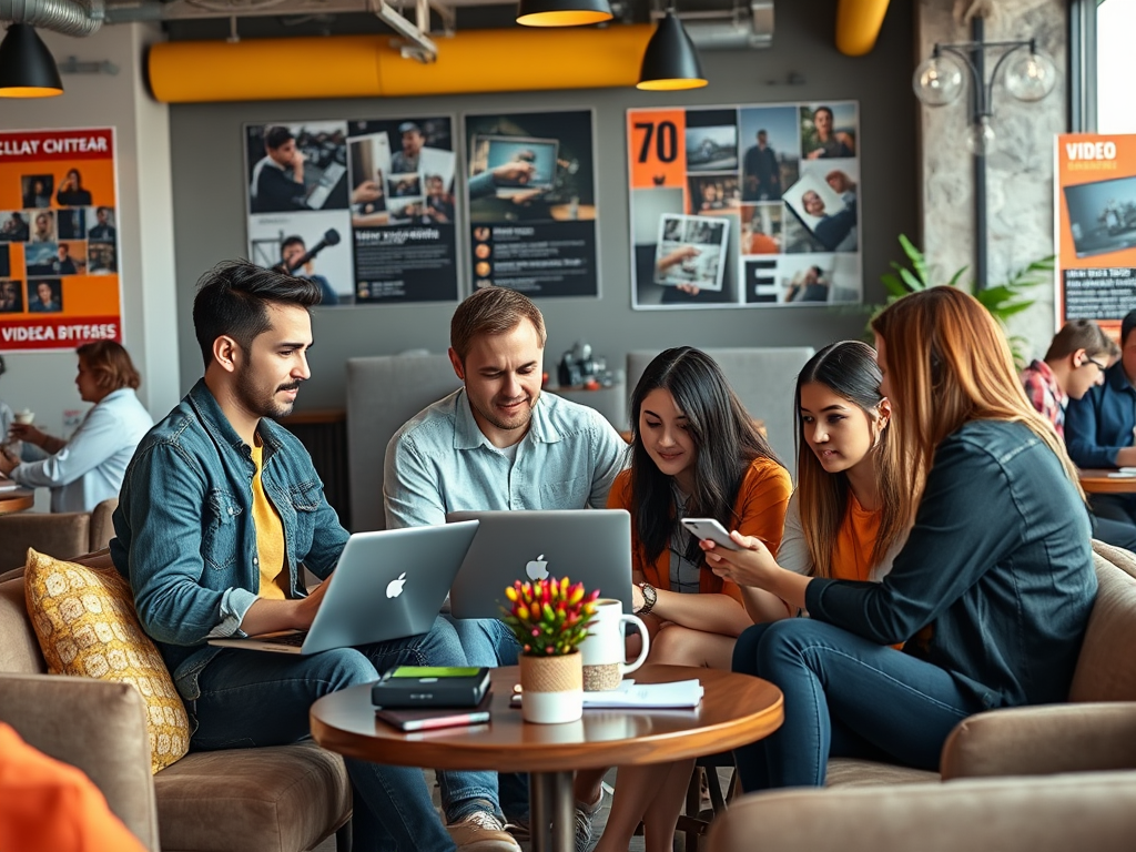 A group of five young people collaborates around laptops in a cozy cafe, focused on their work.