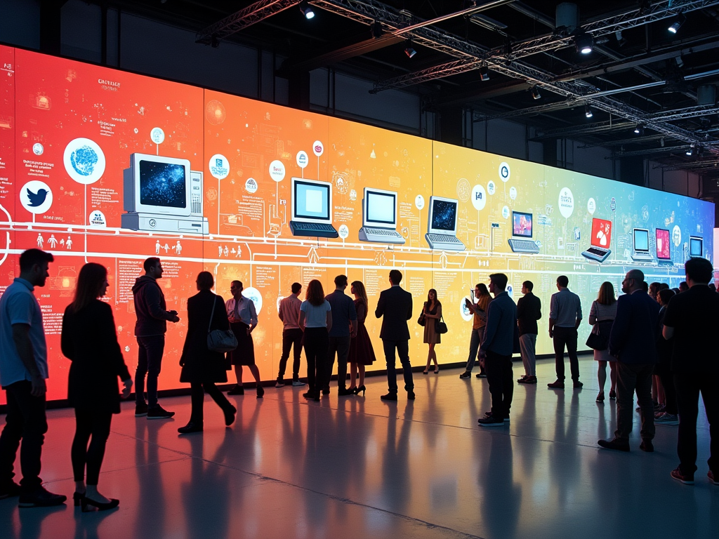 People viewing a large, colorful timeline exhibit of computers and digital technology evolution.