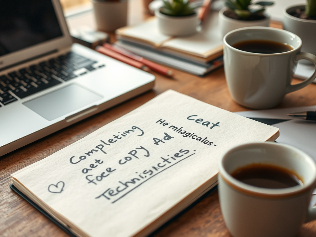 A workspace with a laptop, coffee cups, plants, and a notebook featuring handwritten notes and reminders.