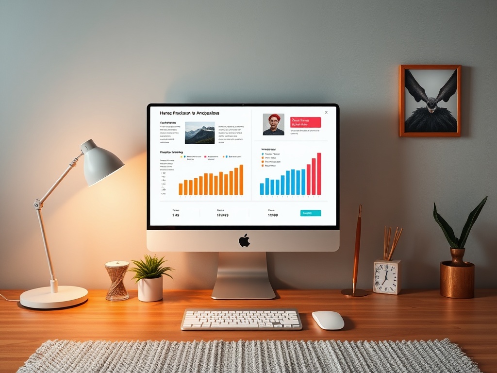 A modern workspace featuring an iMac displaying data analytics graphs, a desk lamp, and decorative items.
