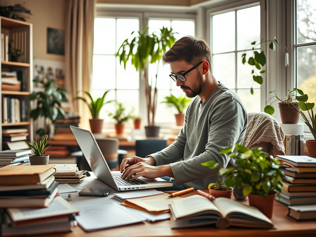 A man in glasses works on a laptop surrounded by books and plants in a cozy home office.