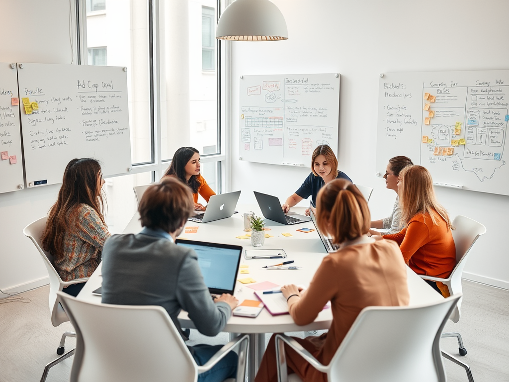 A diverse group of six people collaborates in a bright meeting room, discussing ideas with laptops and notes.