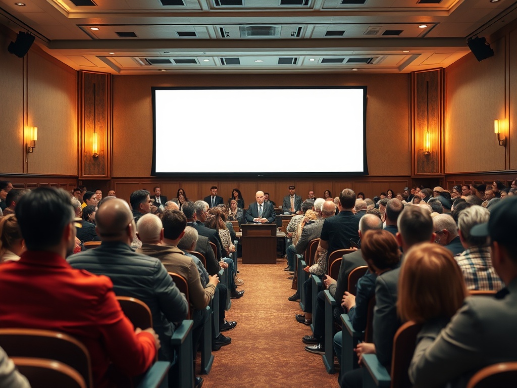 A crowded meeting room with a speaker at a podium, facing an audience in formal attire, and a blank screen behind.
