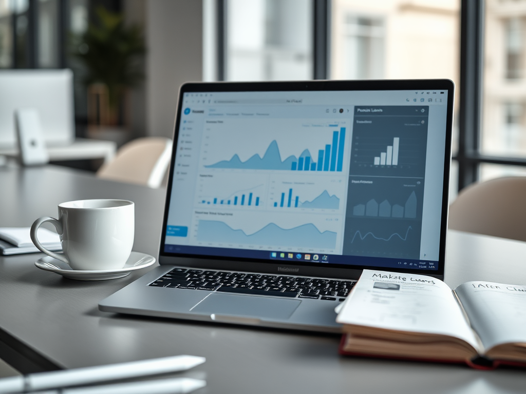 A laptop displays data graphs, with a coffee cup and an open notebook on a modern office table.