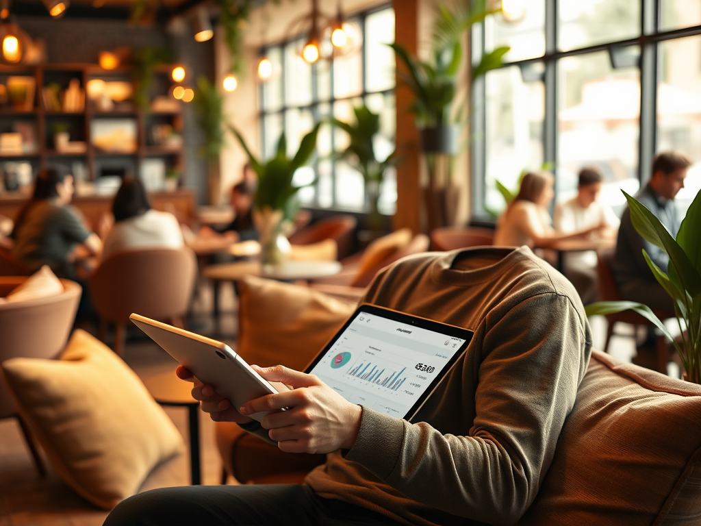 A person with a missing head sits in a cafe holding a tablet displaying graphs and data, surrounded by others.