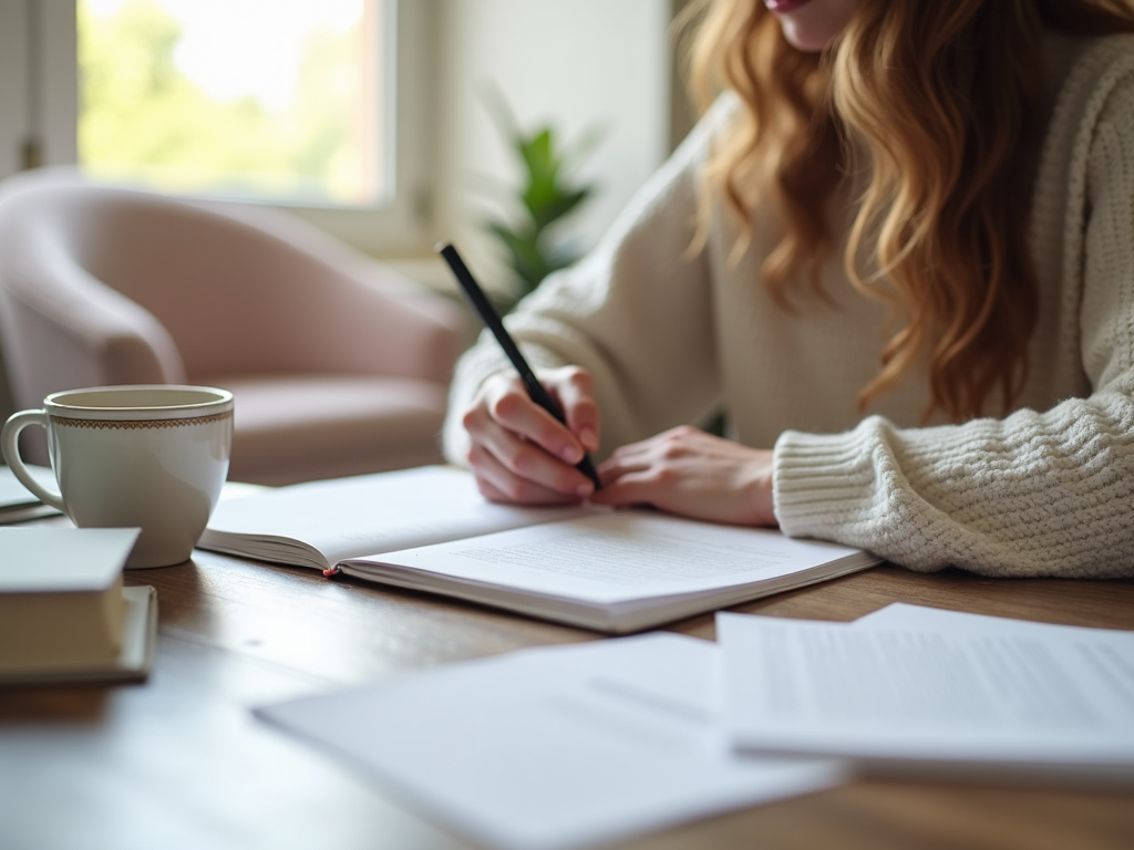 Woman in a sweater writing in a notebook at a table with a cup of coffee and papers, bright room.