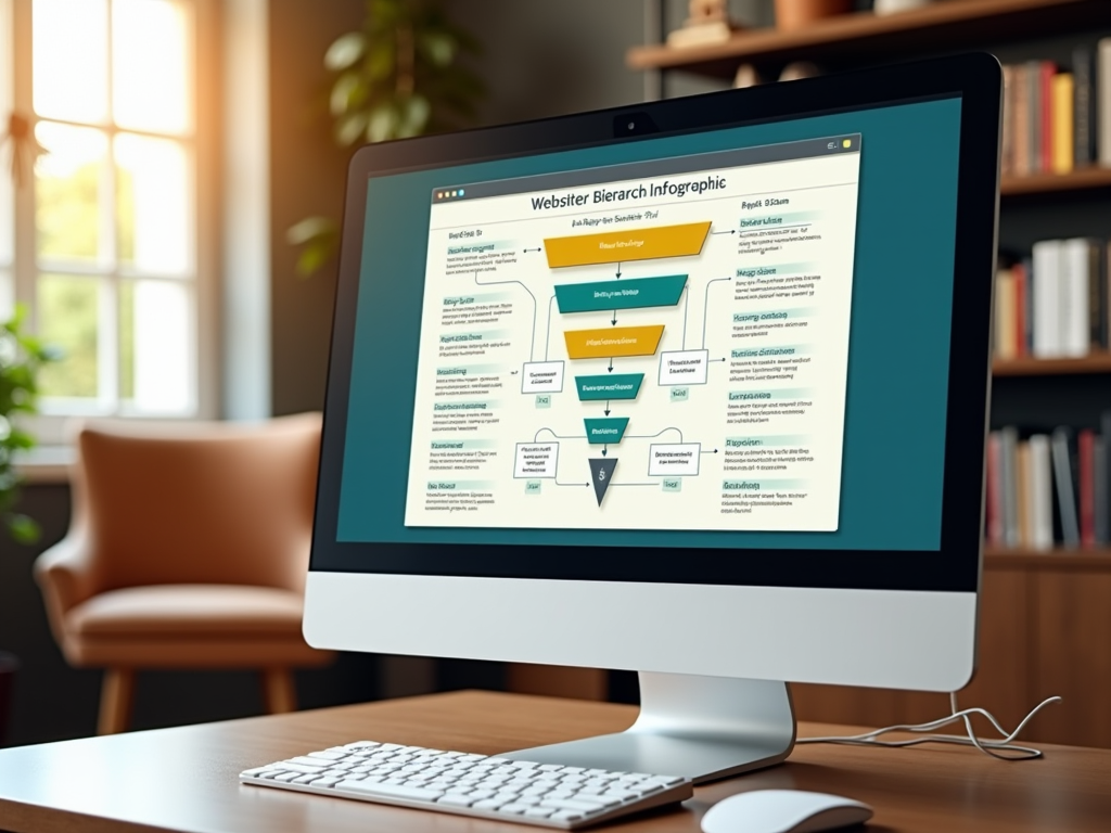 Computer screen displaying a website hierarchy infographic in a sunny office.