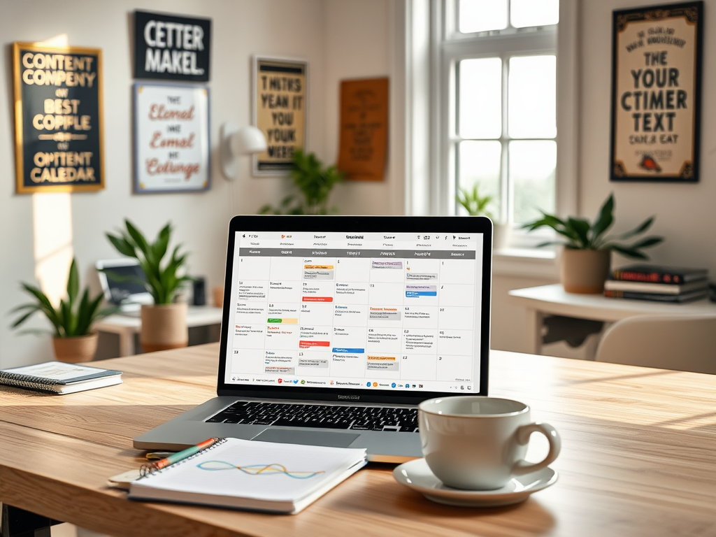 A laptop displays a calendar, surrounded by plants and notebooks on a wooden desk in a bright office space.