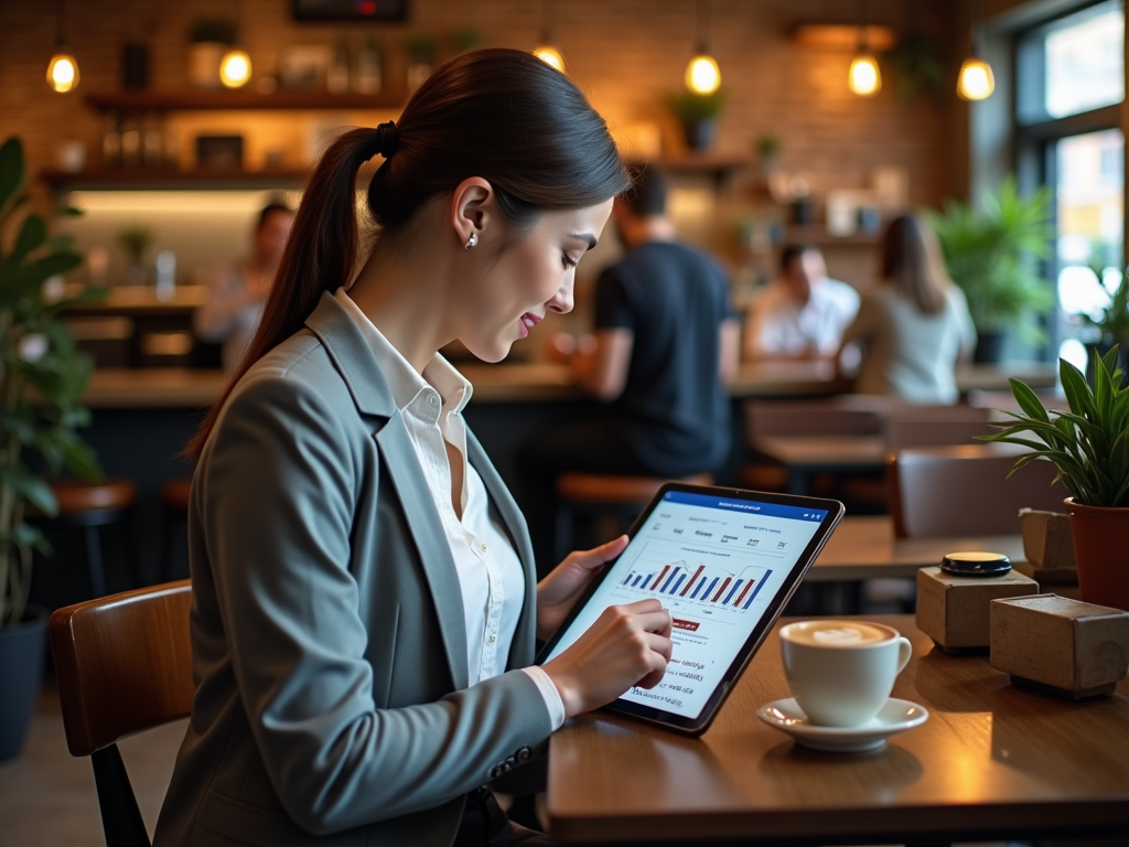 Businesswoman analyzing graphs on a tablet in a busy café, with coffee cup in foreground.