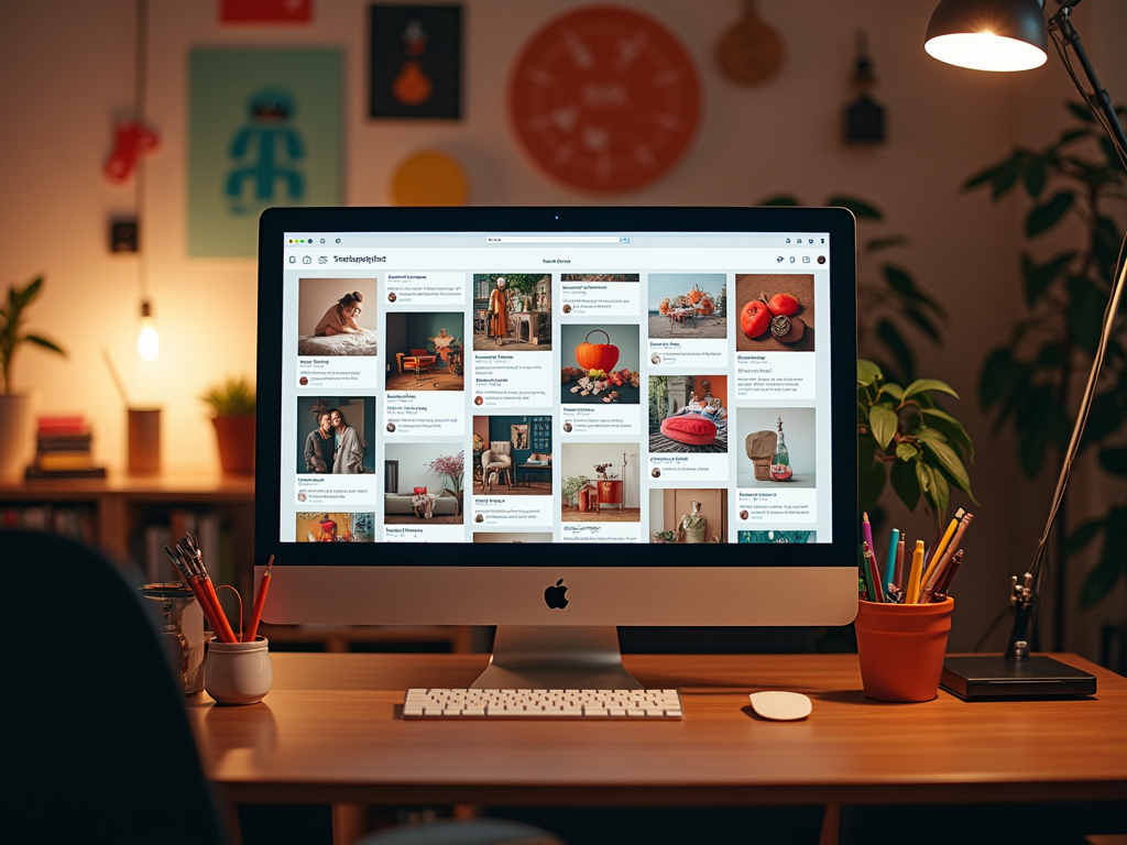 Desktop showing a variety of Pinterest boards on a screen in a cozy home office setting.