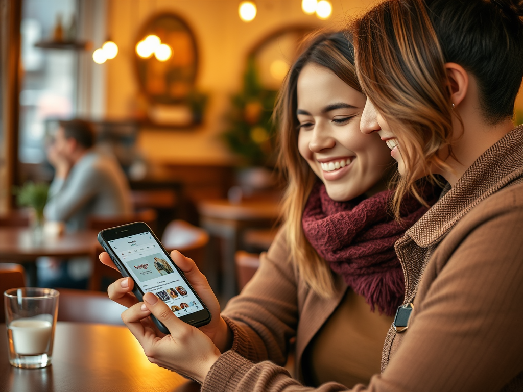 Two women smile as they look at a phone together in a cozy café, with warm lighting and a glass of milk nearby.