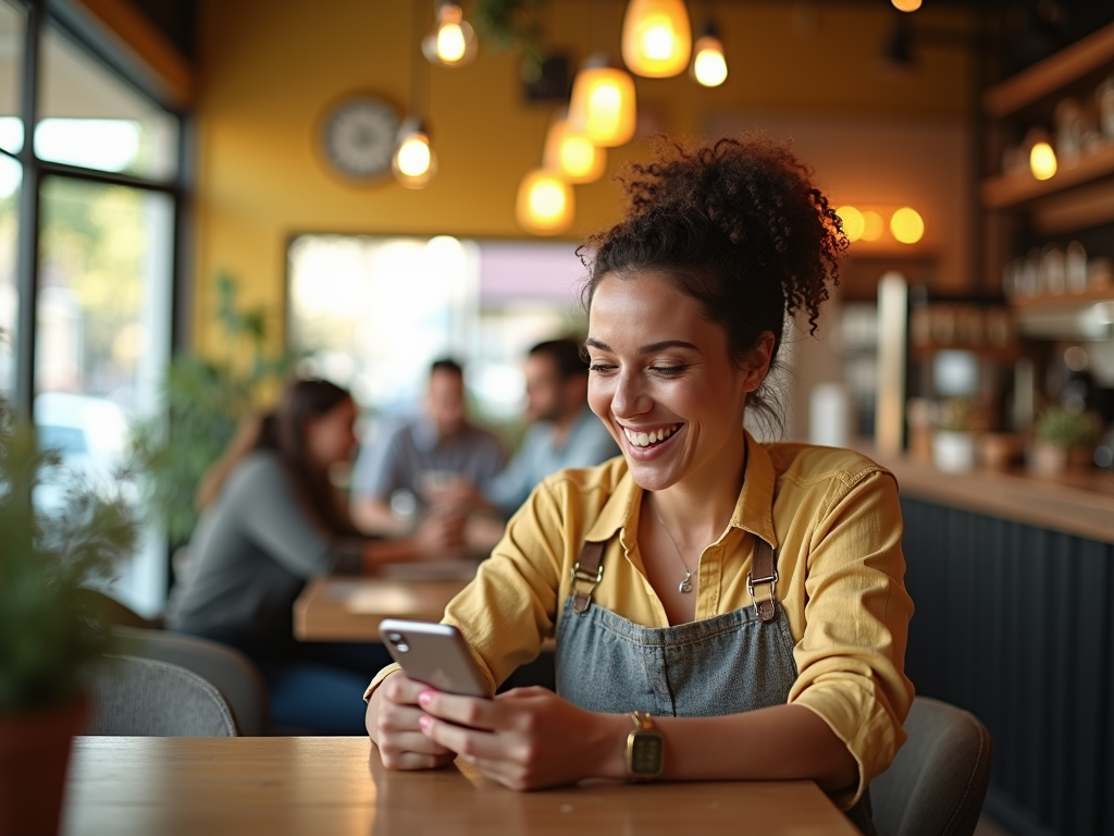 Young woman smiling while looking at her phone in a cozy cafe with other patrons in the background.