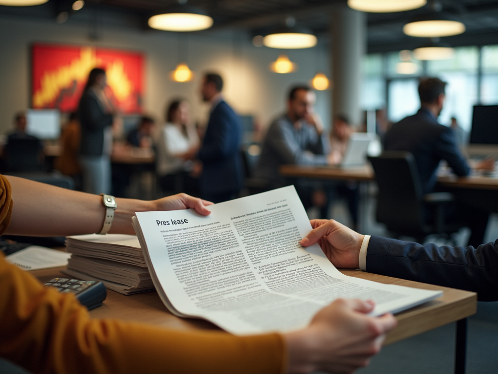 A person hands a printed lease document to another in a busy office setting with colleagues in the background.