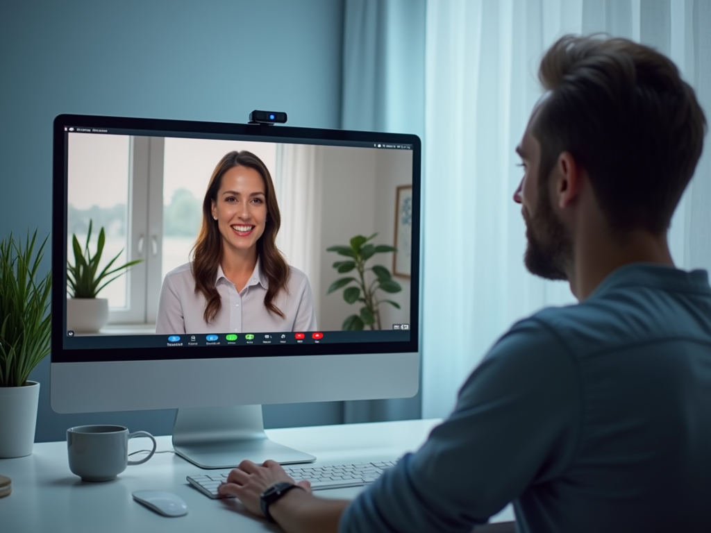 Man in video call with a smiling woman displayed on his computer screen in a well-lit office.