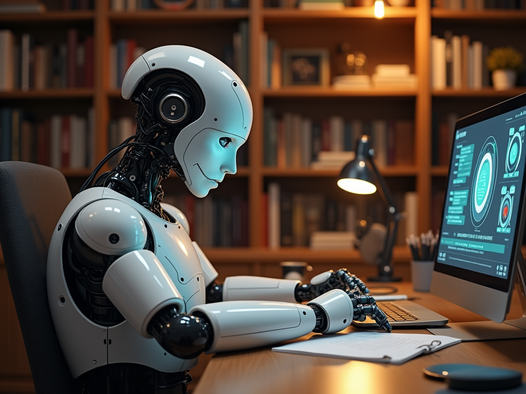 A humanoid robot sits at a desk, interacting with a computer display, in a library setting.