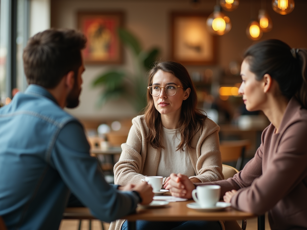 Three people in a serious conversation at a cafe table, surrounded by warm lighting.