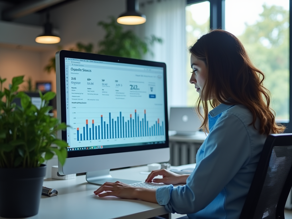 Woman analyzing financial data on computer screen in a modern office.