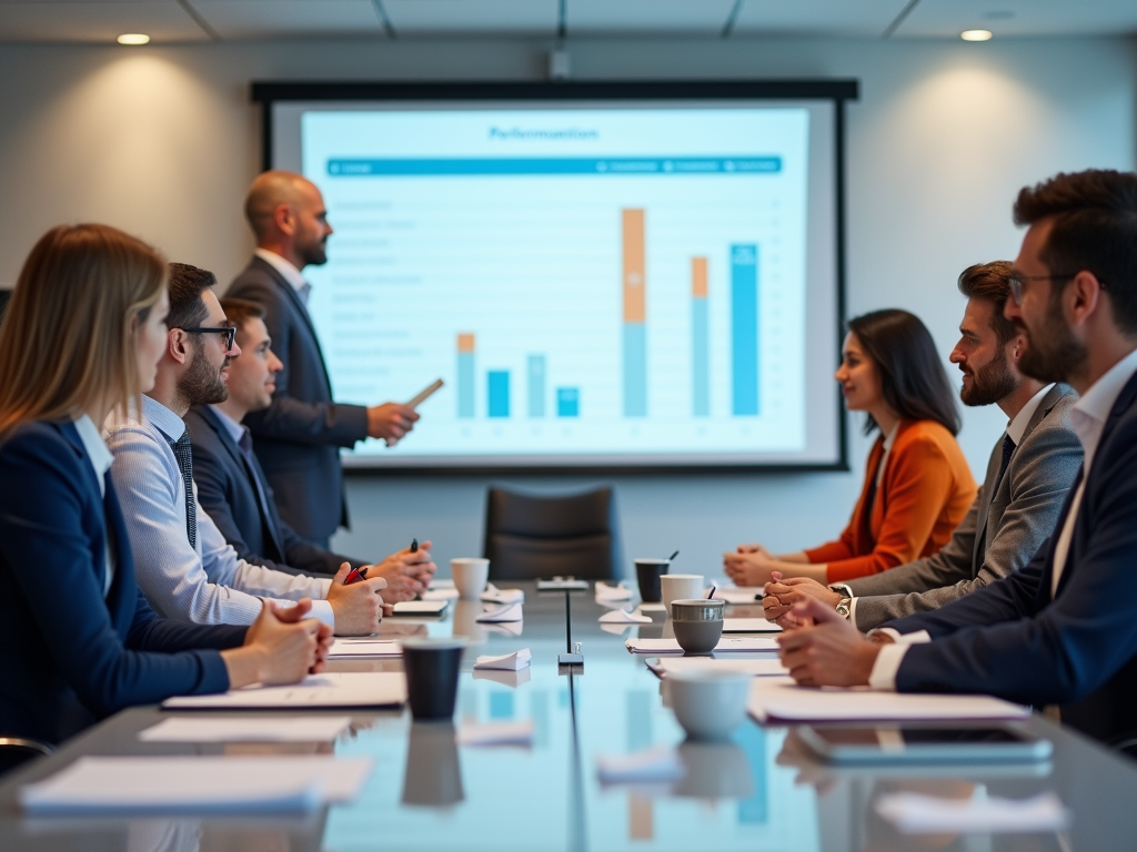 A business meeting in a modern conference room, with a presentation on performance metrics displayed on the screen.