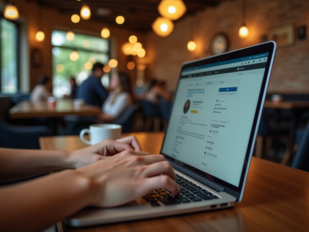 A person types on a laptop in a café, with a coffee cup nearby and others chatting in the background.