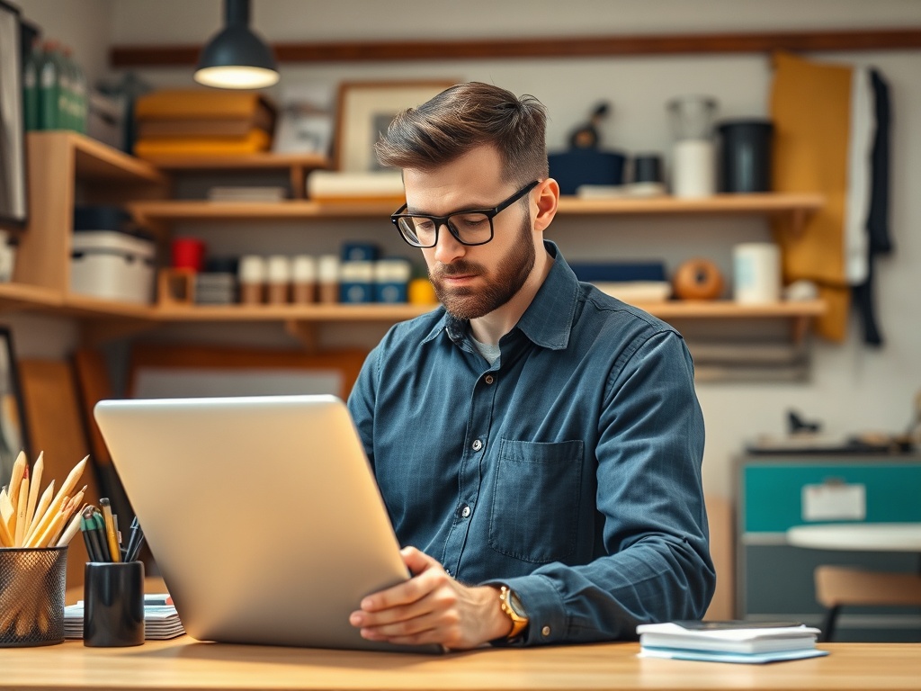 A man in a blue shirt sits at a desk, focused on his laptop in a well-organized workspace.