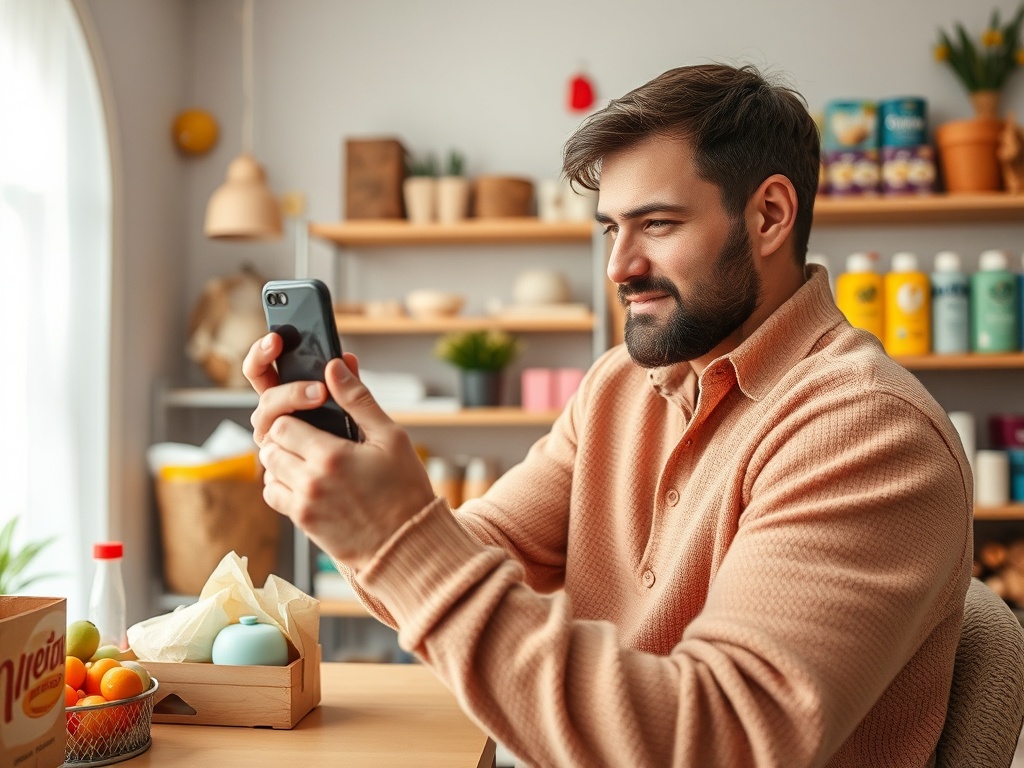 A young man in a cozy sweater sits at a table, looking at his phone with a thoughtful expression.