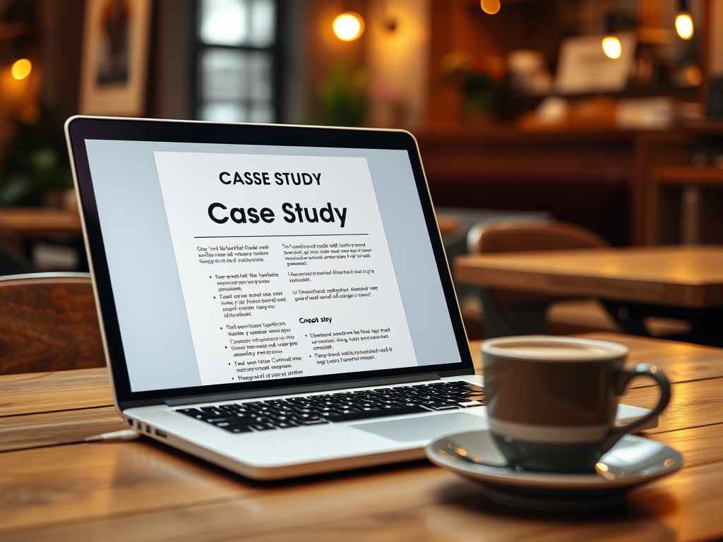 A laptop displaying a case study document on a wooden table next to a cup of coffee in a cozy café setting.