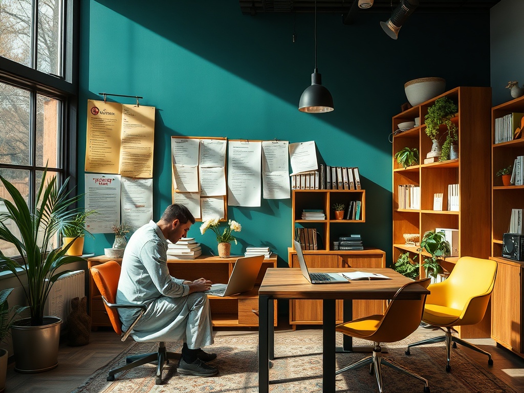 A man in a light shirt works on a laptop in a modern office with green walls, plants, and wooden furniture.