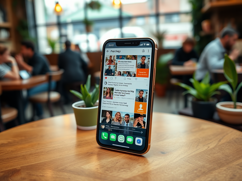 A smartphone on a wooden table displays a social media app, surrounded by plants and a cafe setting.