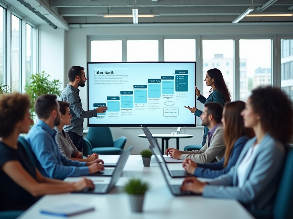 Business meeting with presentation on a large screen in a modern office setting.