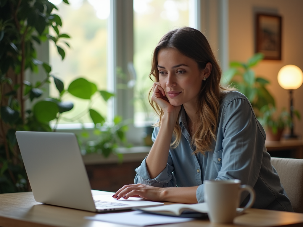 A woman with long hair sits at a desk, thoughtfully using a laptop amid indoor plants. A mug and notebook are nearby.