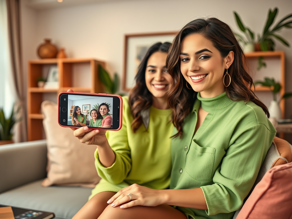 Two women smiling and posing together, one holding a phone showing a group selfie of three friends in a cozy setting.