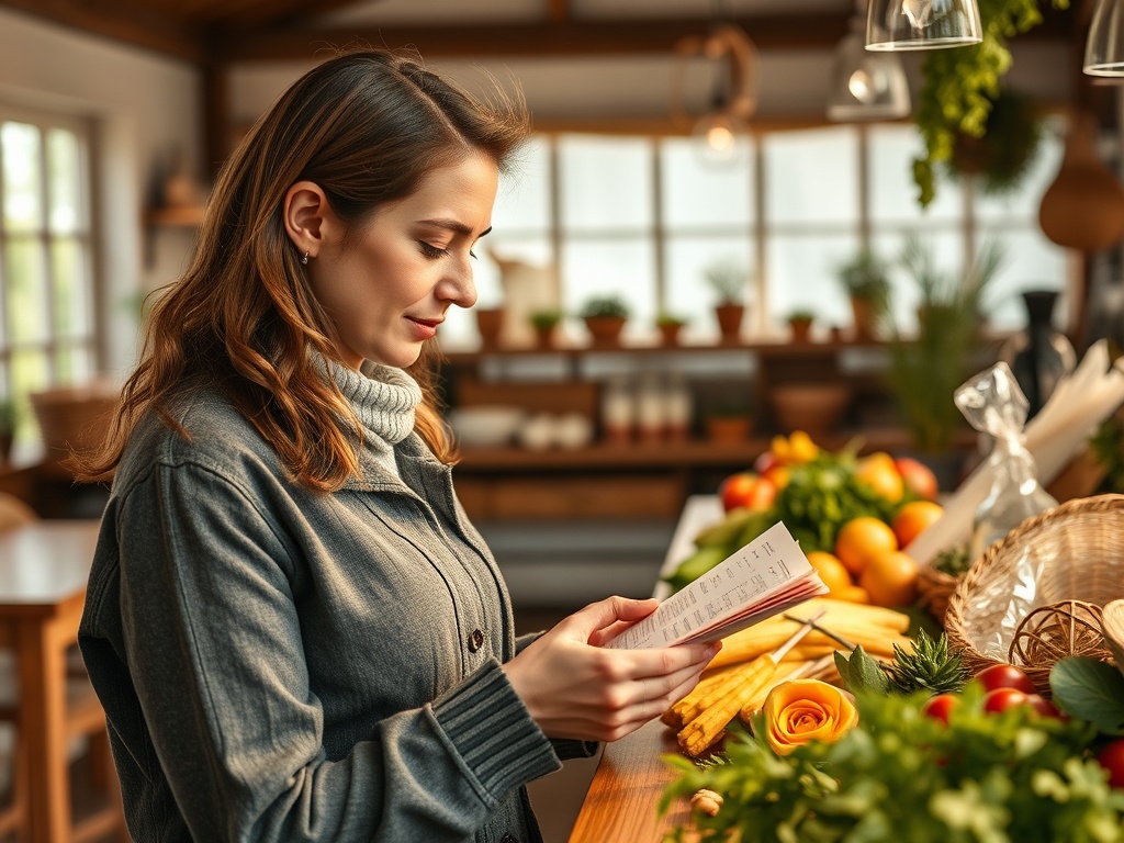 A woman stands in a bright kitchen, reviewing a menu surrounded by fresh produce and vibrant plants.