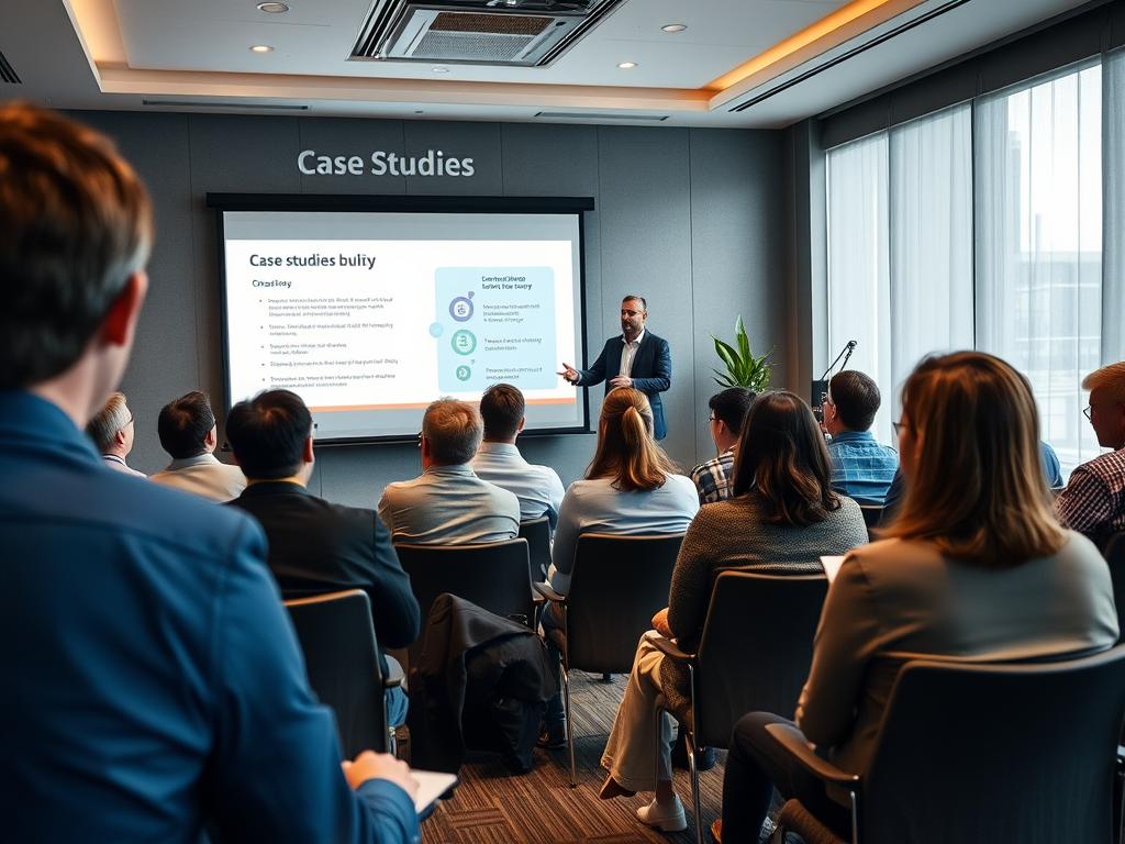 A presenter discusses case studies to an audience in a modern conference room with a screen displaying information.