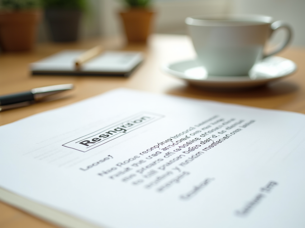 A resignation letter on a table with a cup of coffee and a pen in the background, and a notebook visible.