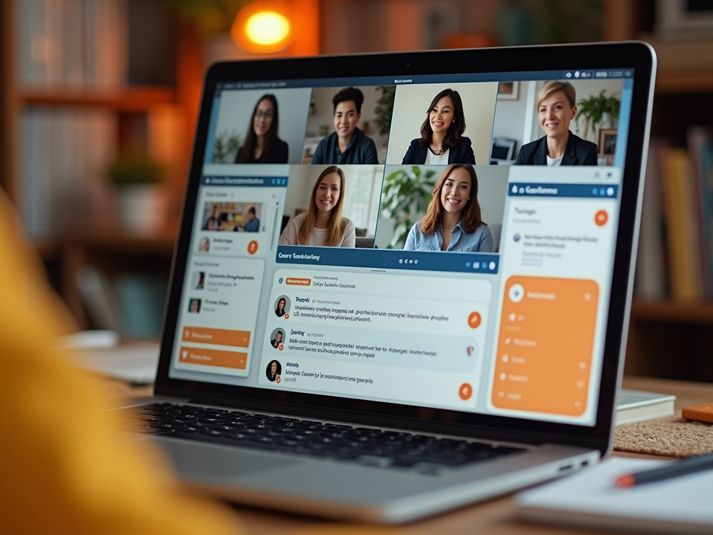 Laptop screen showing a virtual meeting with six smiling participants, on a desk with notebooks.