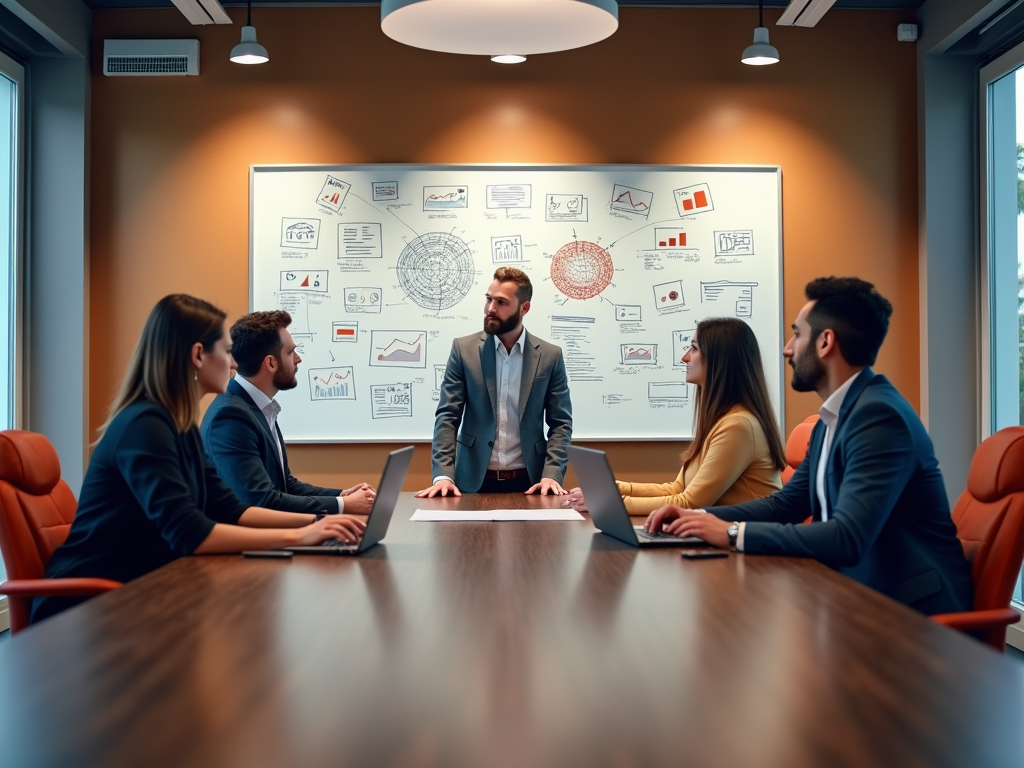 Business meeting in progress with one standing man and four seated professionals around a table, large strategy board in background.