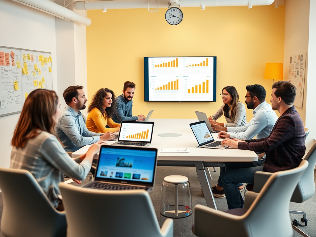 A team meeting in a modern office, discussing data on laptops with charts displayed on a screen.